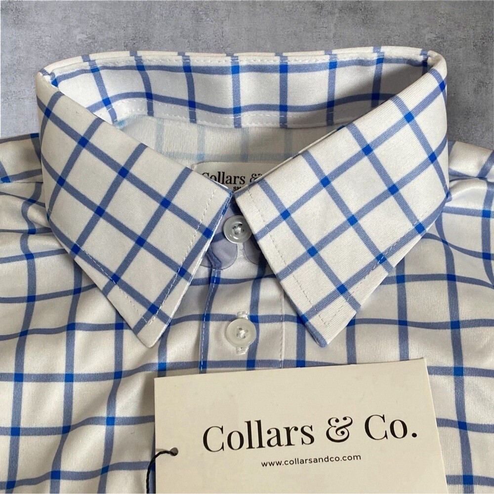 Collars & Co Polo Shirt Mens Small Blue White Windowpane Plaid Grid Office NWT